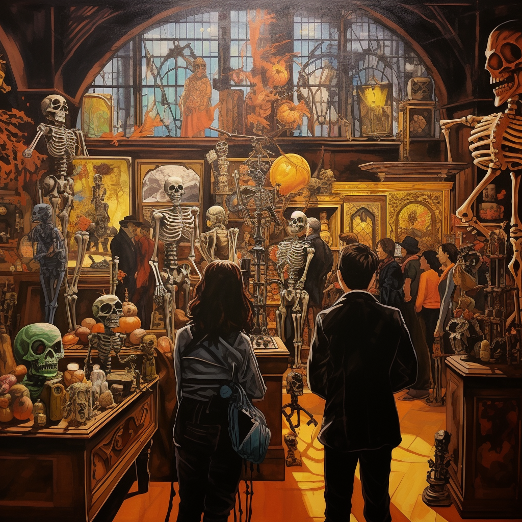 cartoon art of halloween enthusiasts visiting a creepy shop