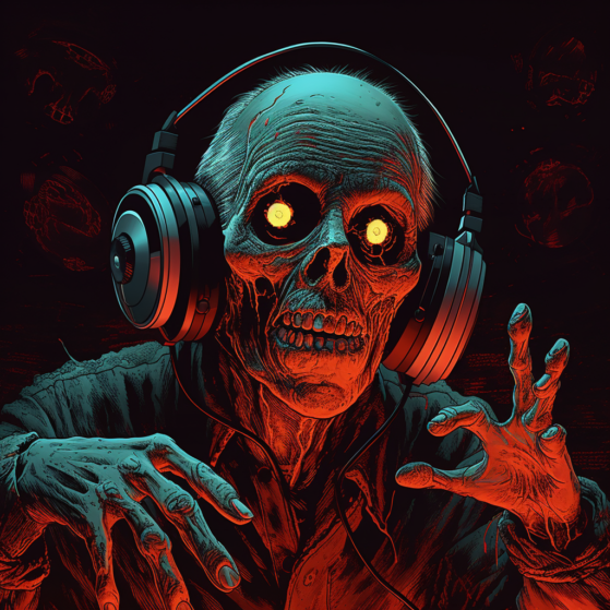 scary zombie listening to music through headphones